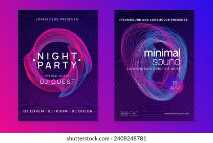 Trance event. Dynamic gradient shape and line. Bright concert magazine set. Neon trance event flyer. Techno dj party. Electro dance music. Electronic sound. Club fest poster. 