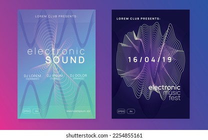 Trance event. Geometric show invitation set. Dynamic fluid shape and line. Neon trance event flyer. Techno dj party. Electro dance music. Electronic sound. Club fest poster. 
