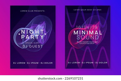 Trance event. Trendy discotheque brochure set. Dynamic fluid shape and line. Neon trance event flyer. Techno dj party. Electro dance music. Electronic sound. Club fest poster. 