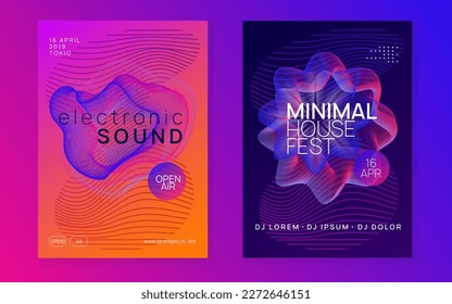 Trance event. Wavy discotheque invitation set. Dynamic fluid shape and line. Neon trance event flyer. Techno dj party. Electro dance music. Electronic sound. Club fest poster. 