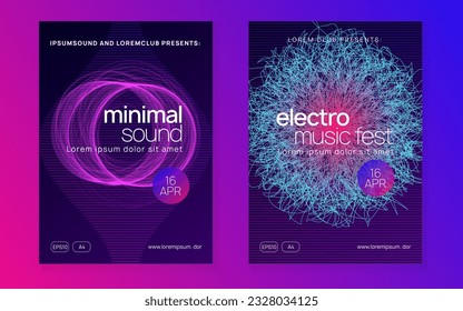 Trance event. Wavy discotheque magazine set. Dynamic fluid shape and line. Neon trance event flyer. Techno dj party. Electro dance music. Electronic sound. Club fest poster. 