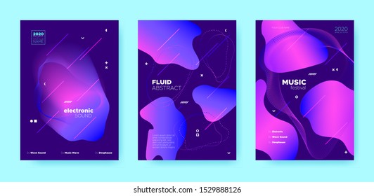 Trance Music Poster. Abstract Gradient Shape. Disco 3d Banner. Blue Flow Shape. Pink House Music Poster.  