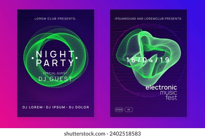 Trance party. Abstract discotheque invitation set. Dynamic gradient shape and line. Neon trance party flyer. Electro dance music. Electronic sound. Club dj poster. Techno fest event.