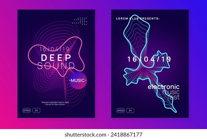 Trance party. Bright concert magazine set. Dynamic fluid shape and line. Neon trance party flyer. Electro dance music. Electronic sound. Club dj poster. Techno fest event.