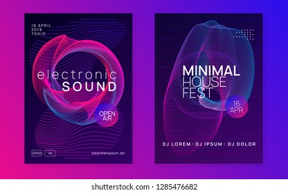 Trance party. Bright show magazine set. Dynamic gradient shape and line. Neon trance party flyer. Electro dance music. Electronic sound. Club dj poster. Techno fest event.