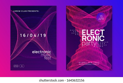 Fiesta de trance. Conjunto de invitaciones creativas para mostrar. Línea y forma de degradado dinámico. Volante de la fiesta de trance Neon. Música de baile eléctrico. Sonido electrónico. Afiche de dj del club. Evento del festival Techno.