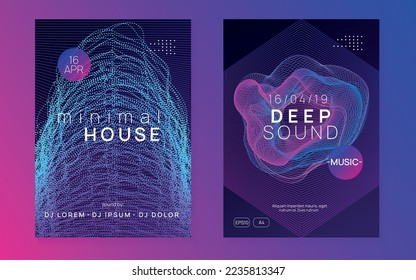 Trance party. Curvy concert magazine set. Dynamic fluid shape and line. Neon trance party flyer. Electro dance music. Electronic sound. Club dj poster. Techno fest event.