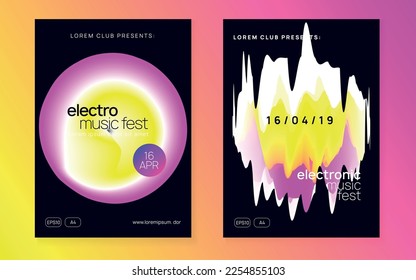 Trance Party. Discoteca Y Mostrar Diseño. Efecto Fresco Para Set. Afiche de Wavy Neon. Fondo Futurista Para Plantilla De Folleto. Partido Trance Rosa Y Amarillo