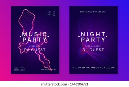 Trance party. Dynamic fluid shape and line. Cool concert banner set. Neon trance party flyer. Electro dance music. Electronic sound. Club dj poster. Techno fest event.