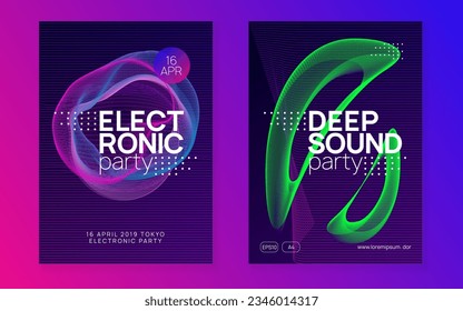 Trance party. Dynamic fluid shape and line. Geometric discotheque cover set. Neon trance party flyer. Electro dance music. Electronic sound. Club dj poster. Techno fest event.