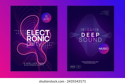 Trance party. Dynamic fluid shape and line. Cool concert invitation set. Neon trance party flyer. Electro dance music. Electronic sound. Club dj poster. Techno fest event.