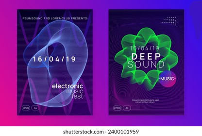 Trance party. Futuristic show magazine set. Dynamic fluid shape and line. Neon trance party flyer. Electro dance music. Electronic sound. Club dj poster. Techno fest event.