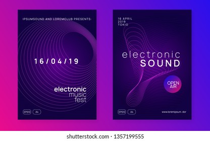 Trance party. Geometric concert cover set. Dynamic gradient shape and line. Neon trance party flyer. Electro dance music. Electronic sound. Club dj poster. Techno fest event.