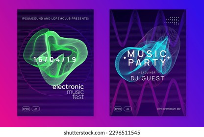 Trance party. Geometric concert cover set. Dynamic fluid shape and line. Neon trance party flyer. Electro dance music. Electronic sound. Club dj poster. Techno fest event.