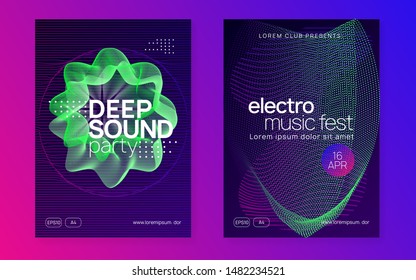 Trance party. Geometric discotheque cover set. Dynamic fluid shape and line. Neon trance party flyer. Electro dance music. Electronic sound. Club dj poster. Techno fest event.