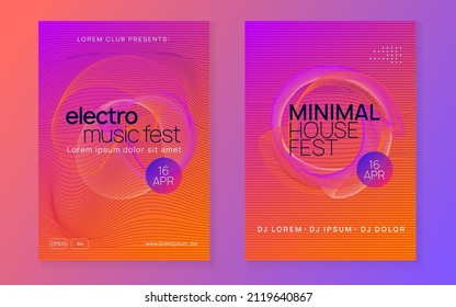 Trance party. Minimal concert magazine set. Dynamic gradient shape and line. Neon trance party flyer. Electro dance music. Electronic sound. Club dj poster. Techno fest event.