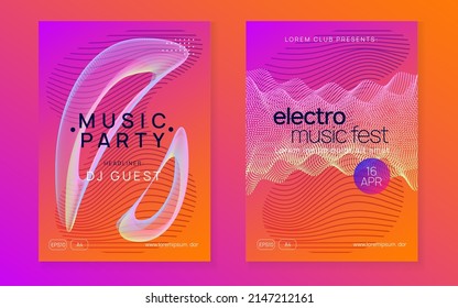 Trance party. Wavy concert invitation set. Dynamic fluid shape and line. Neon trance party flyer. Electro dance music. Electronic sound. Club dj poster. Techno fest event.