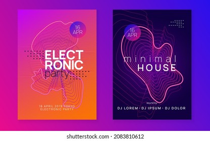 Trance party. Wavy show brochure set. Dynamic fluid shape and line. Neon trance party flyer. Electro dance music. Electronic sound. Club dj poster. Techno fest event.