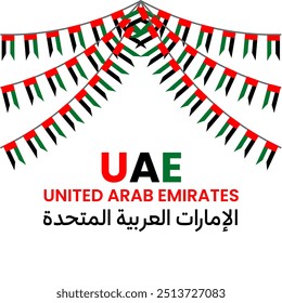 Trandlation: United Arab Emirates. Vibrant UAE National Day Decorations with Festive Flags and Banner, Traditional Arab Design