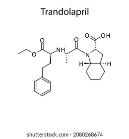 Trandolapril molecular structure, flat skeletal chemical formula. ACE inhibitor drug used to treat Hypertension, Heart failure, CAD. Vector illustration.
