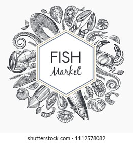 Trandy frame with hand drawn sea food. Vector illustration.
