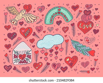 Сolourful trandy Love post office. Many various romantic objects. Saint Valentine's day big vector set. Doodle trendy illustration. Boho design. All elements are isolated