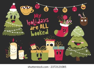 Trandy mascot Christmas set. Hand drawn happy Christmas trees, smiling gift boxes, emotional garland, cute hot cocoa cups and peaceful candles. Vector illustration.