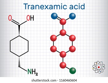 Tranexamic acid (TXA) drug molecule, is used for preventing excessive bleeding. Structural chemical formula and molecule model. Sheet of paper in a cage. Vector illustration
