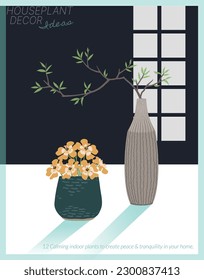 Tranquil and aesthetic zen houseplant decoration. Isolated modern and elegant potted greenery leaf and flower illustrations. Peaceful home decor vases vector set and poster template.