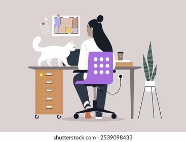 Em um ambiente tranquilo à tarde, uma pessoa trabalha atentamente em um laptop, enquanto um gato curioso investiga a escrivaninha, cercado por uma decoração animada e uma atmosfera pacífica