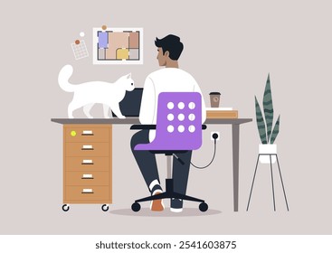 En un ambiente tranquilo por la tarde, una persona trabaja atentamente en una computadora portátil mientras un gato curioso investiga juguetonamente el escritorio, rodeado de una decoración animada y un ambiente tranquilo