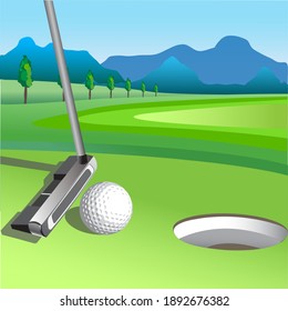 The tranquil atmosphere of golf course at night. Illustration of a golf course as a background.