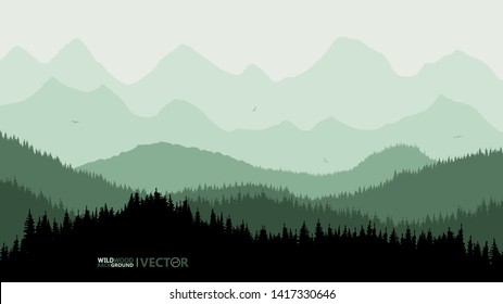 Tranquil backdrop, pine forests, mountains in the background. green tones, flying birds.