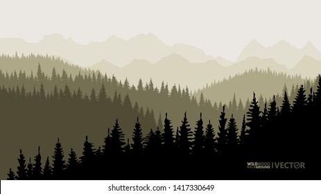 Tranquil backdrop, pine forests, mountains in the background. swamp tones.
