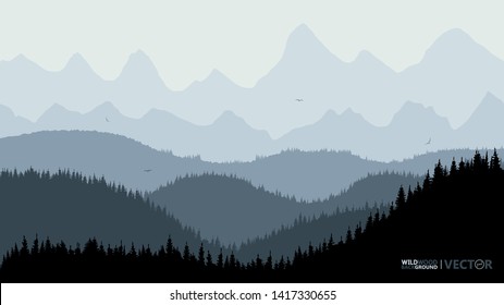 Tranquil backdrop, pine forests, mountains in the background. The blue tone, flying birds.