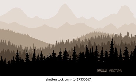 Tranquil backdrop, pine forests, mountains in the background. Beige tones.