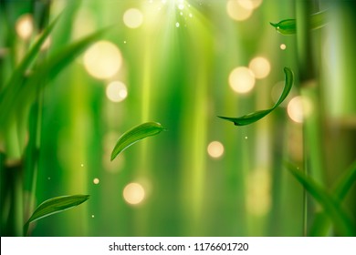 Tranquil bamboo forest background with flying leaves and glittering lights in 3d illustration