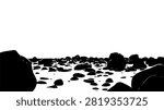 A tranquil beach landscape featuring smooth pebbles and large boulders along the shoreline, capturing natural coastal beauty and calm waters.