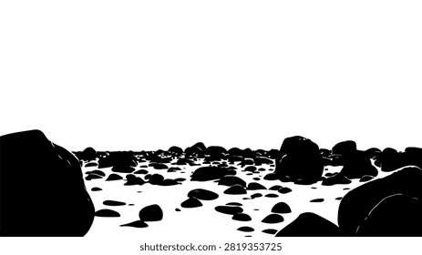 A tranquil beach landscape featuring smooth pebbles and large boulders along the shoreline, capturing natural coastal beauty and calm waters.