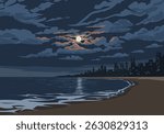 Tranquil beach at night with city in the distance and full moon