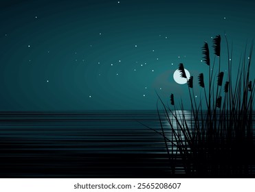 Tranquil beach night scenery with silhouette of reeds