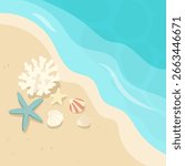 A Tranquil Beach Scene Featuring Colorful Seashells, Coral, and Starfish Resting on Soft Sand Next to Gentle Waves Lapping at the Shoreline