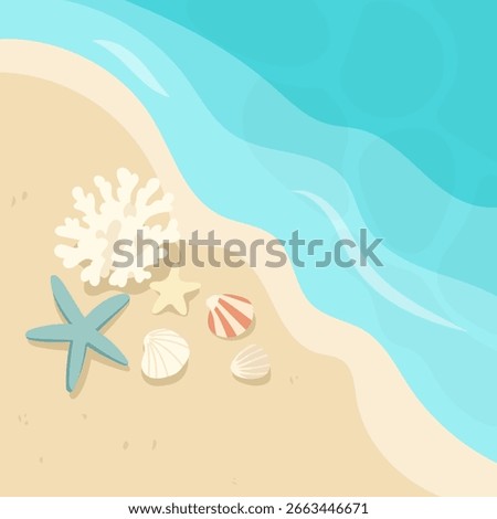 A Tranquil Beach Scene Featuring Colorful Seashells, Coral, and Starfish Resting on Soft Sand Next to Gentle Waves Lapping at the Shoreline
