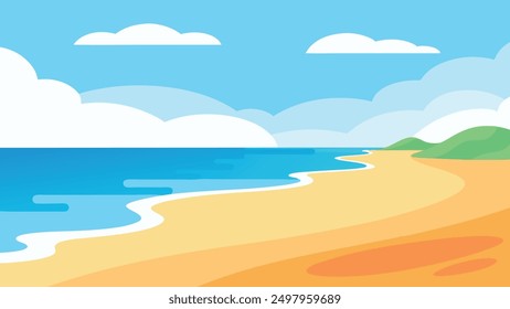 Tranquilo paisaje de playa con una orilla arenosa, olas tranquilas del océano y un cielo soleado Ilustración vectorial plana