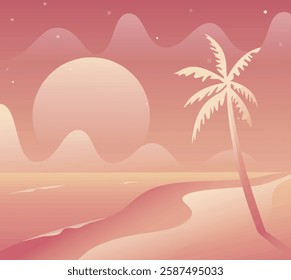 A tranquil beach scene at sunset, featuring a palm tree silhouetted against a large sun and a calm ocean.