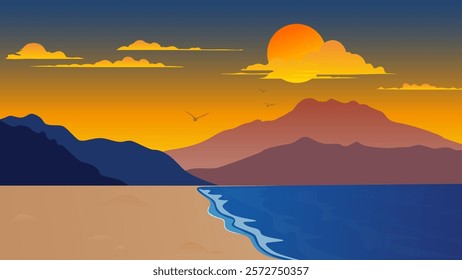 Tranquil beach sunset landscape, highlighting vivid colors and soft waves, perfect for evoking relaxation and peace in design. Vector illustration.