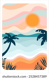 Playa tranquila con olas, palmeras y una vibrante puesta de sol. Ilustración vectorial