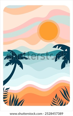 Tranquil Beach with Waves, Palm Trees, and a Vibrant Sunset. Vector illustration