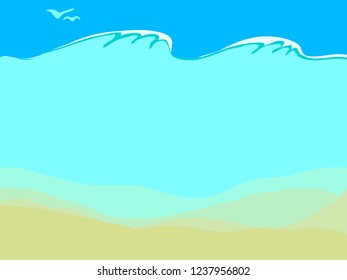 Tranquil blue background with empty sand sea bottom, waves and seagulls