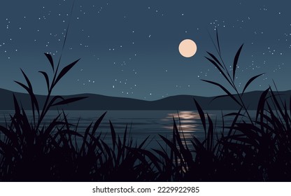 Tranquil blue night over lake with grass silhouette, moon and stars